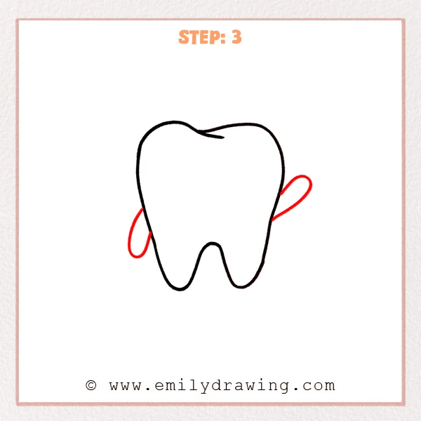 how to draw a cartoon tooth - Cartoon tooth outline with two small oval loop arms added on the left and right sides.